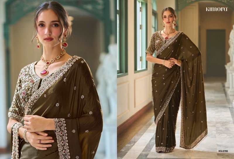 Olive Green Colour Iconic Vol 5 By Kimora Fancy Fabric Designer Beads Work Saree Ks 5785